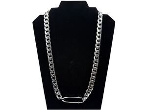 Silver Tone Curb Chain Necklace with Safety Pin Pendant Accent Punk Fashion 25"